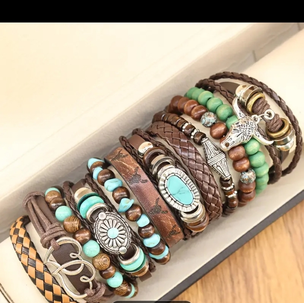 Brown and Turquoise Beaded Bracelet 12 Piece Set - Picture 2 of 5
